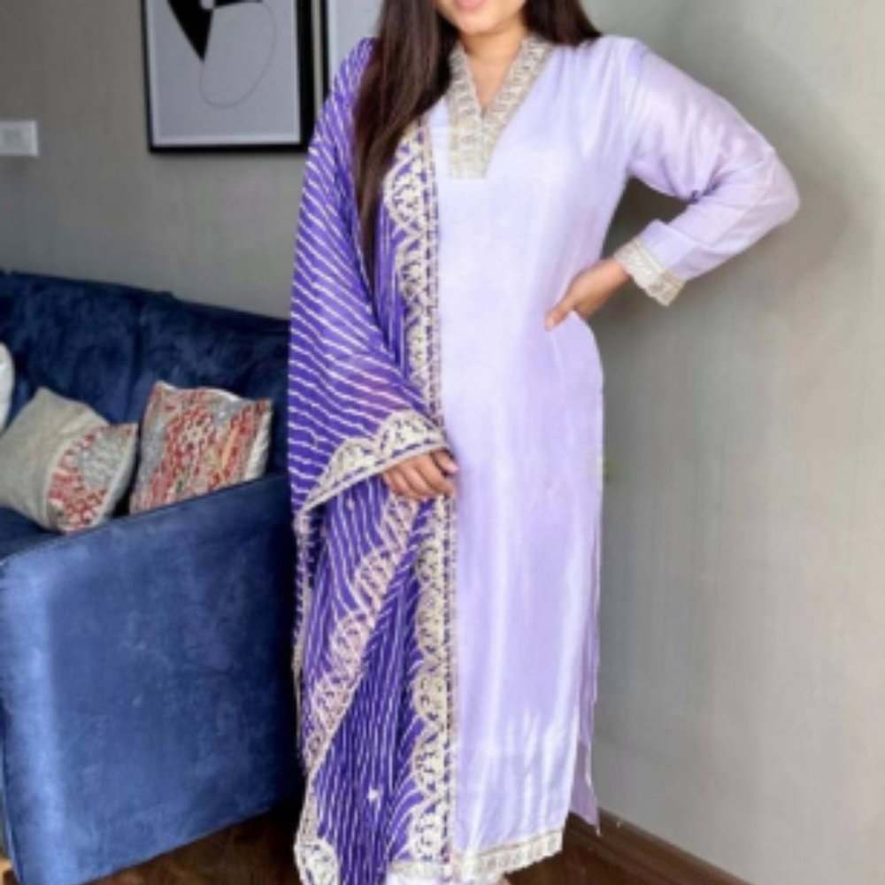 Beautiful crepe material Kurti, pant and dupatta set with sequence embroidery.